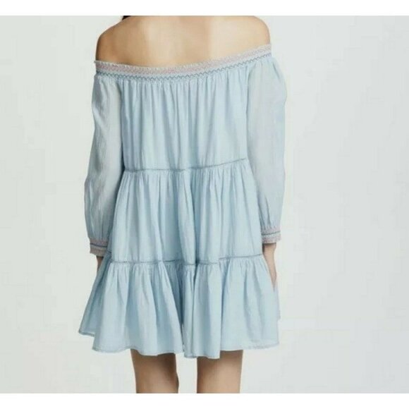 FREE PEOPLE Sunbeams Mini Dress Light Blue Smocked Embroidered Small Boho Dainty - Picture 9 of 12
